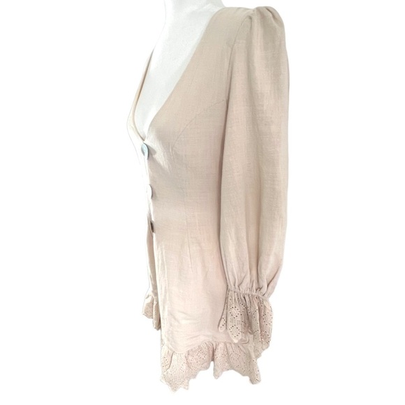 INDIKAH by Angel Biba Nude Low Cut U-neck Ruffle Linen Blend Mini Dress Medium - Picture 2 of 14